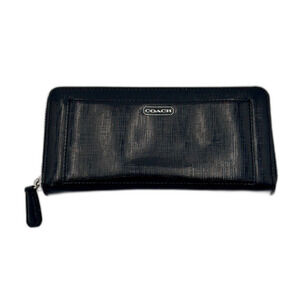Coach Black Textured Leather Accordion Zip-Around Wallet – Silver Hardware